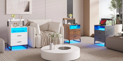 JDPAG  Auto LED Nightstand with Wireless Charging Station & USB Ports,High Gloss Bedside Tables with 2 Drawers