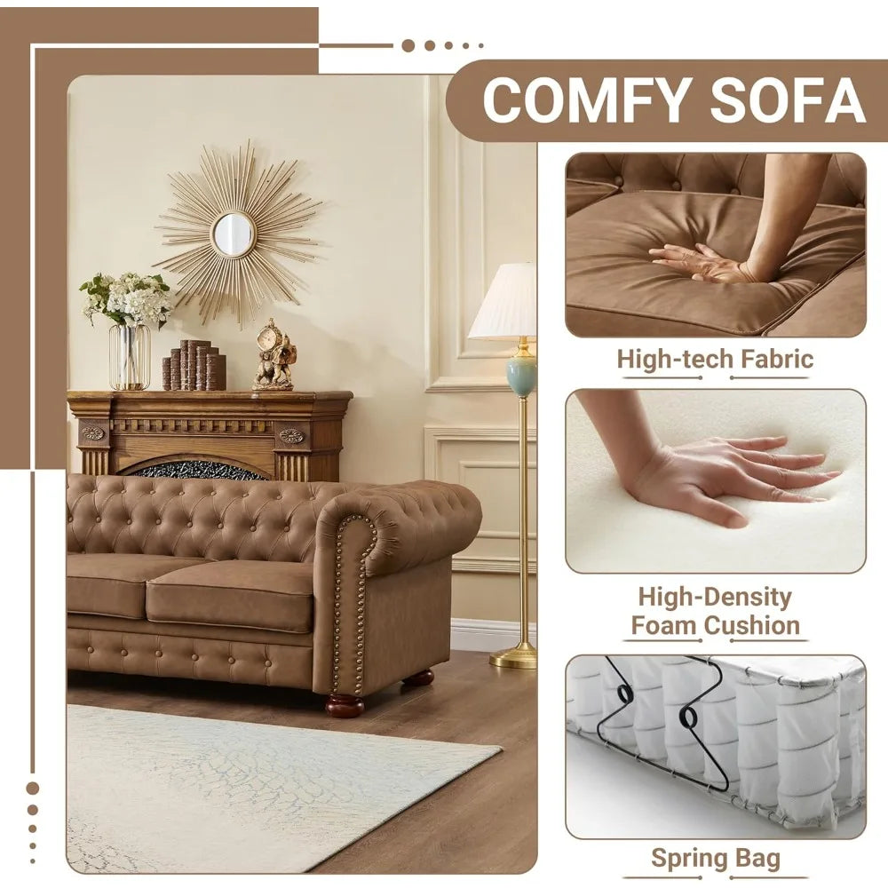 Chesterfield Leather Sofa, 89" Mid Century Modern Couch with Low Back - Loft&Timber