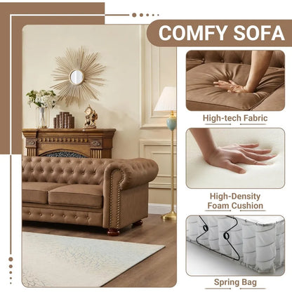 Chesterfield Leather Sofa, 89" Mid Century Modern Couch with Low Back - Loft&Timber