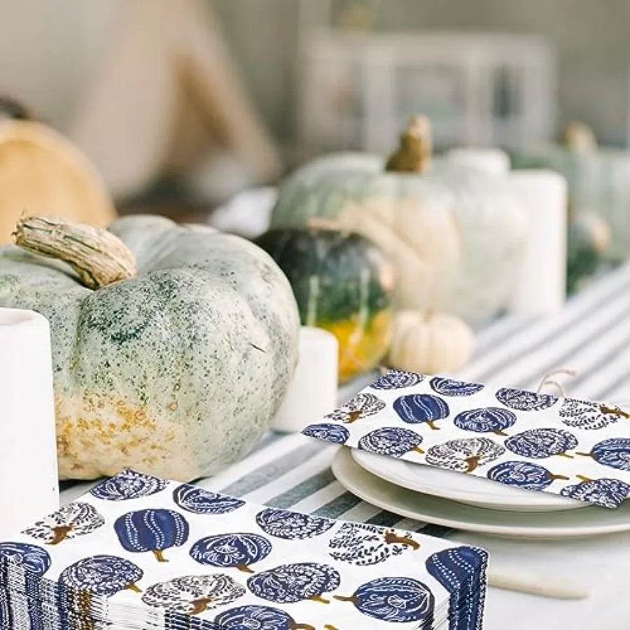 80 Pack Porcelain Pumpkins Guest napkins Disposable Blue Botanical Leaves - Loft&Timber