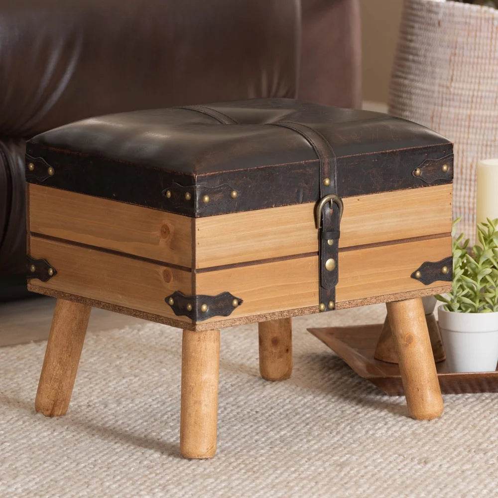 Rustic PU Leather Storage Ottoman Lift Top Brown Oak Wood - Loft&Timber