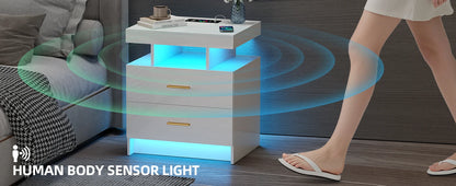 JDPAG LED Nightstand with Wireless Charging Station,Black Night Stand with 2 Drawers,Glass Top Smart Bedside Table