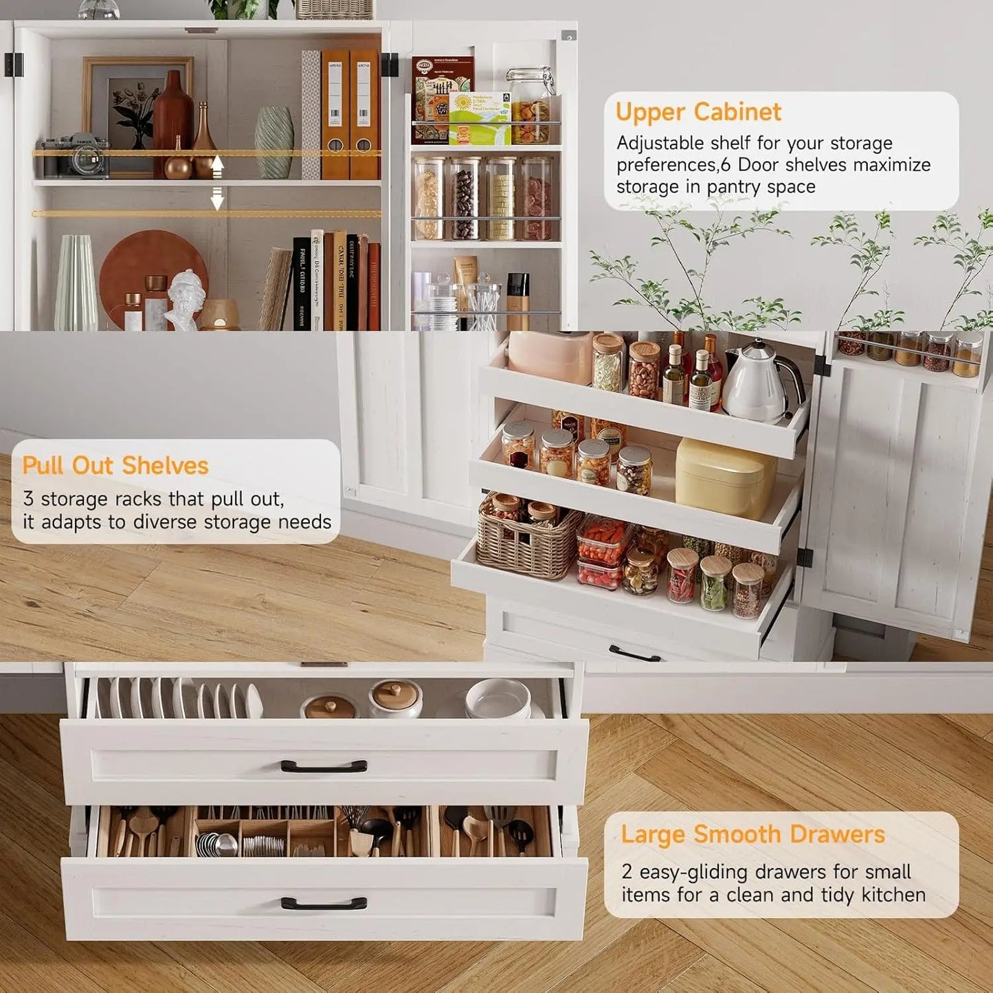 71" Tall Farmhouse Kitchen Pantry Cabinet with 3 Pull Out Shelves & 2 Large Drawers, Pantry Storage Cabinet with 6 Door Shelves - Loft&Timber