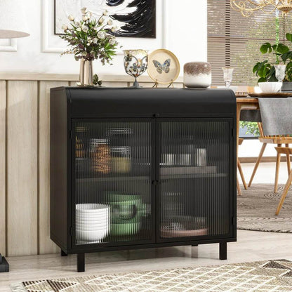 Flip Top Sideboard Buffet Cabinet with Tempered Glass Doors and Inner Shelves - Loft&Timber