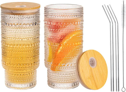 Drinking Glasses with Bamboo Lids and Glass Straw 2pcs Set,16oz Glass - Loft&Timber