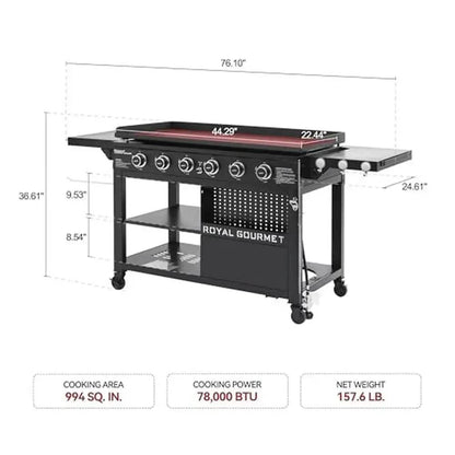 6-Burner Gas Griddle with Fold Side Tables Ceramic-coated Top & Double-Layer Shelves XL Cooking Surface & Upgraded Storage Cart - Loft&Timber