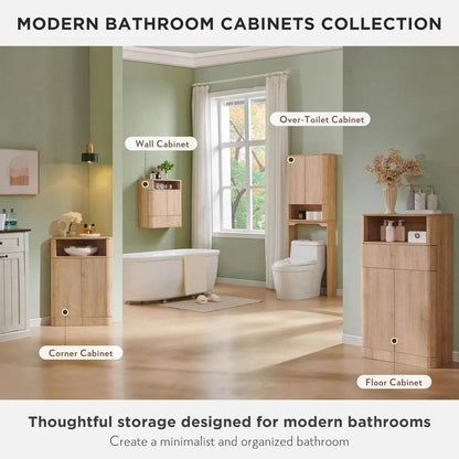 67 Tall Wooden Over-the-Toilet Storage Cabinet with Adjustable Shelves and Handleless Double Doors - Loft&Timber