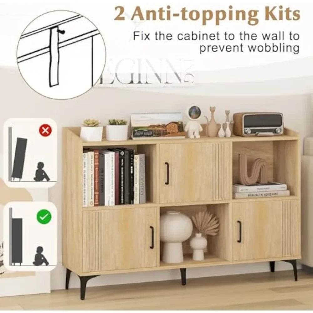 Sideboard with 3 Doors, 3 Open Compartments, Bookcase with 5 Raised Metal Legs - Loft&Timber