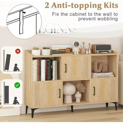 Sideboard with 3 Doors, 3 Open Compartments, Bookcase with 5 Raised Metal Legs - Loft&Timber