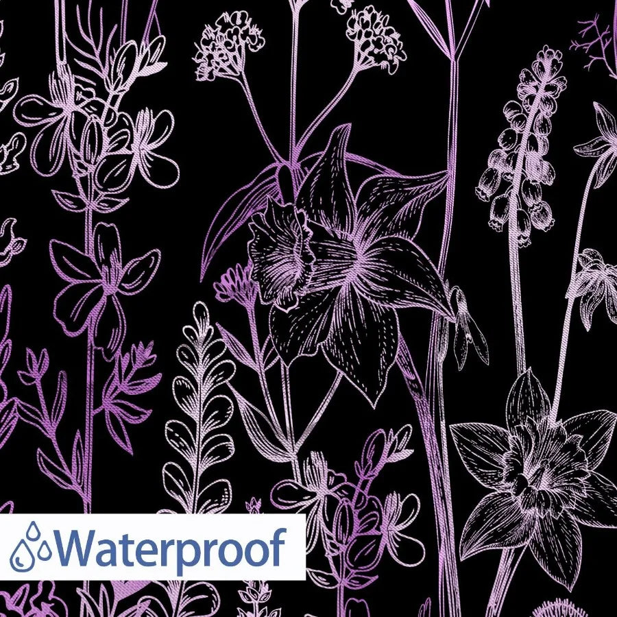 Vintage Black and Purple Boho Shower Curtain with Dark Wildflower Botanical Flowers 72X72"