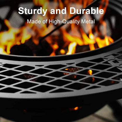 Fire Pit with Poker, 32 inch Outdoor Fire Pit Patio, Wood Burning Firepits for Outside with Grill - Loft&Timber