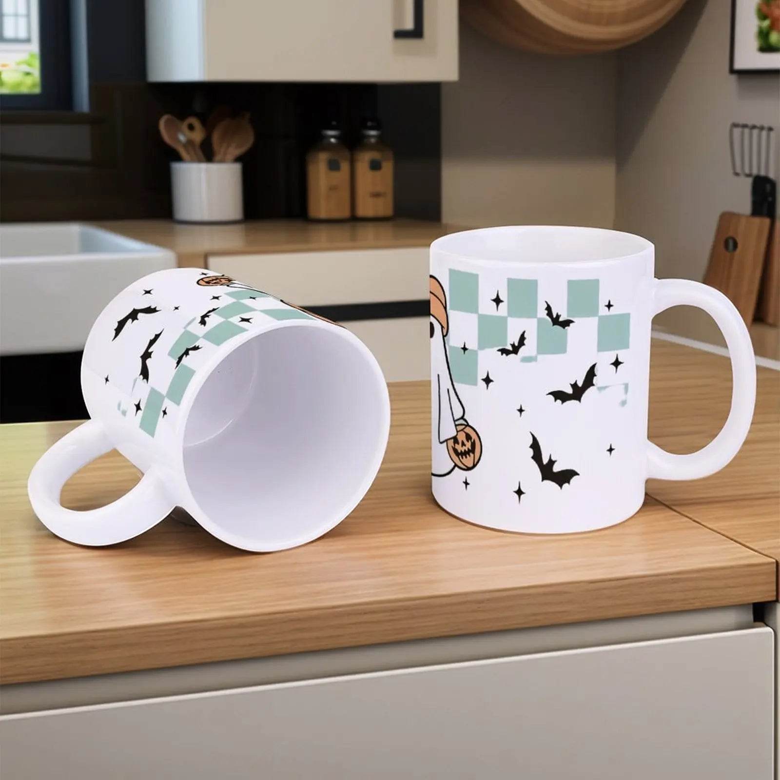 A Cartoon Ghost Holding A Cup Of Coffee And A Pumpkin Cute Mugs, 330ml - Loft&Timber
