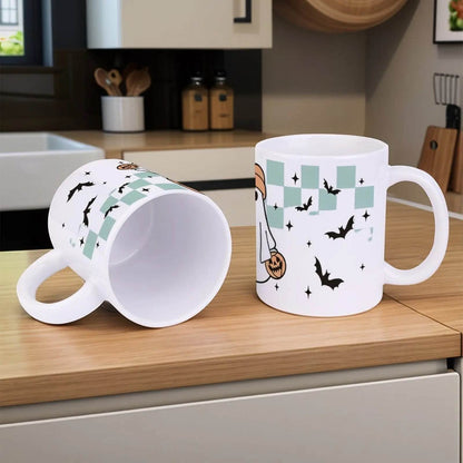 A Cartoon Ghost Holding A Cup Of Coffee And A Pumpkin Cute Mugs, 330ml - Loft&Timber