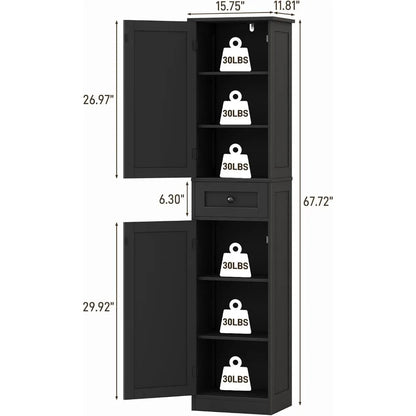 67" h tall bathroom cabinet, narrow storage cabinet with 2 barn doors and 1 drawer, freestanding floor cabinets with 6 shelves