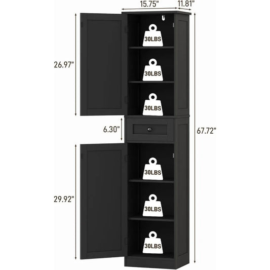 67" h tall bathroom cabinet, narrow storage cabinet with 2 barn doors and 1 drawer, freestanding floor cabinets with 6 shelves