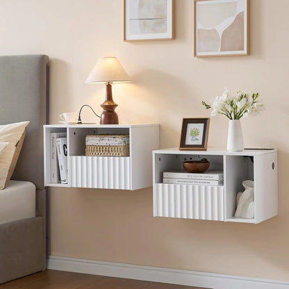 Floating Nightstand with Charging Station - Modern Rustic Brown Fluted Bedside Table with Drawer, USB Ports & Outlets (Set of 2)