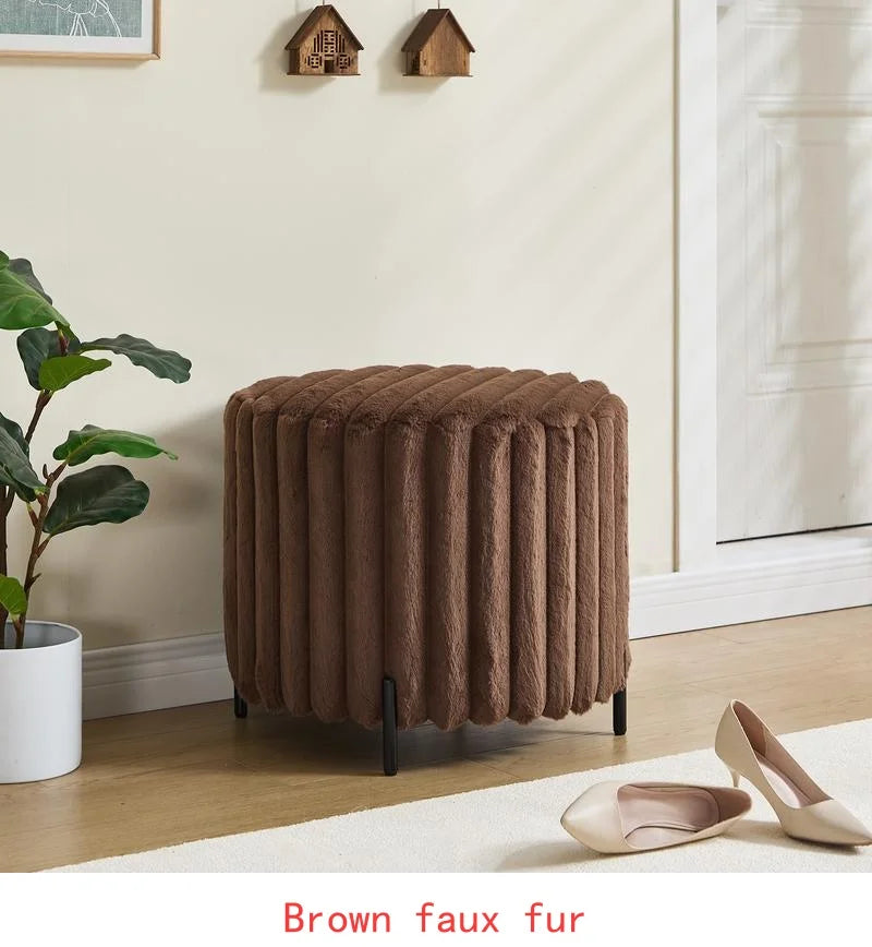 22.05" Wide Upholstered Round Pouf Ottoman with Black Metal Legs in Brown