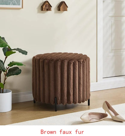 22.05" Wide Upholstered Round Pouf Ottoman with Black Metal Legs in Brown
