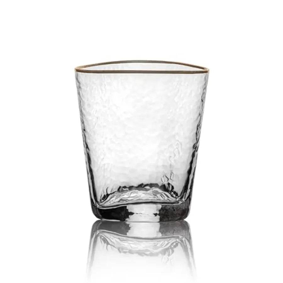 Stylish Whiskey Glasses Set of 4 10 oz Gold Rimmed Hammered Lowball Glasses - Loft&Timber