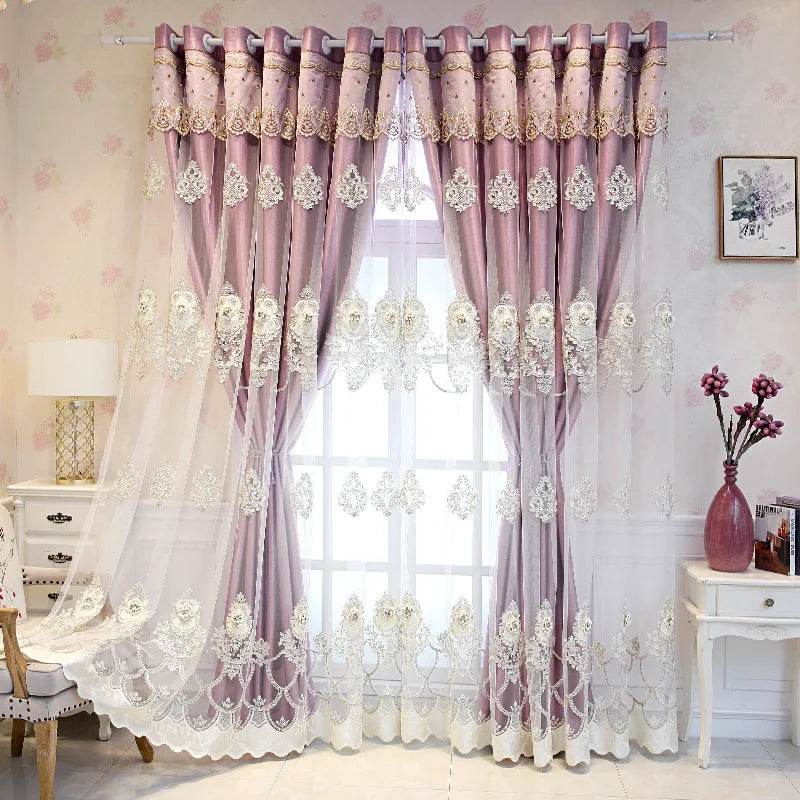 Elegant Double-Layer Curtains with Embossed Base & 3D Embroidered Detailing - Loft&Timber