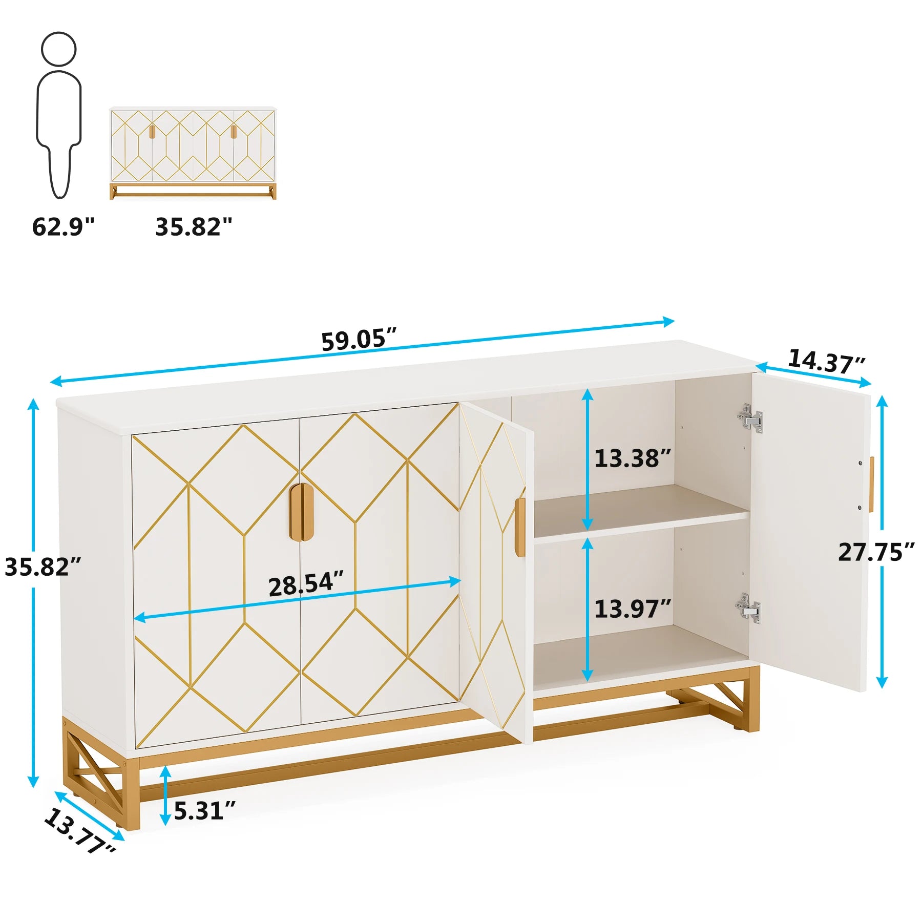 Tribesigns 59" White Gold Buffet Cabinet with Storage - Loft&Timber