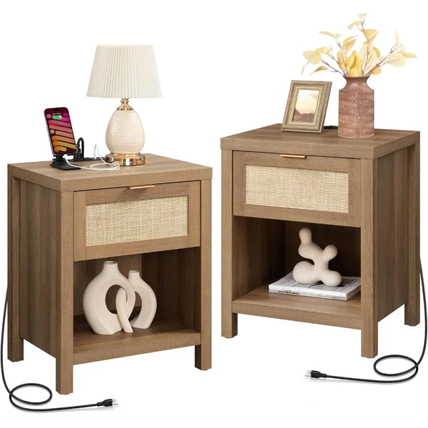 Rattan Nightstands Set of 2 - Farmhouse Night Stand with Drawer and Storage Shelf - Boho Bedside Table End Side Table