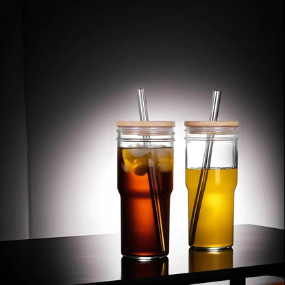 2pcs 24oz Reusable Iced Coffee Cups, Wide Mouth Glass with Bamboo Lid and Straw, Mason Jar - Loft&Timber