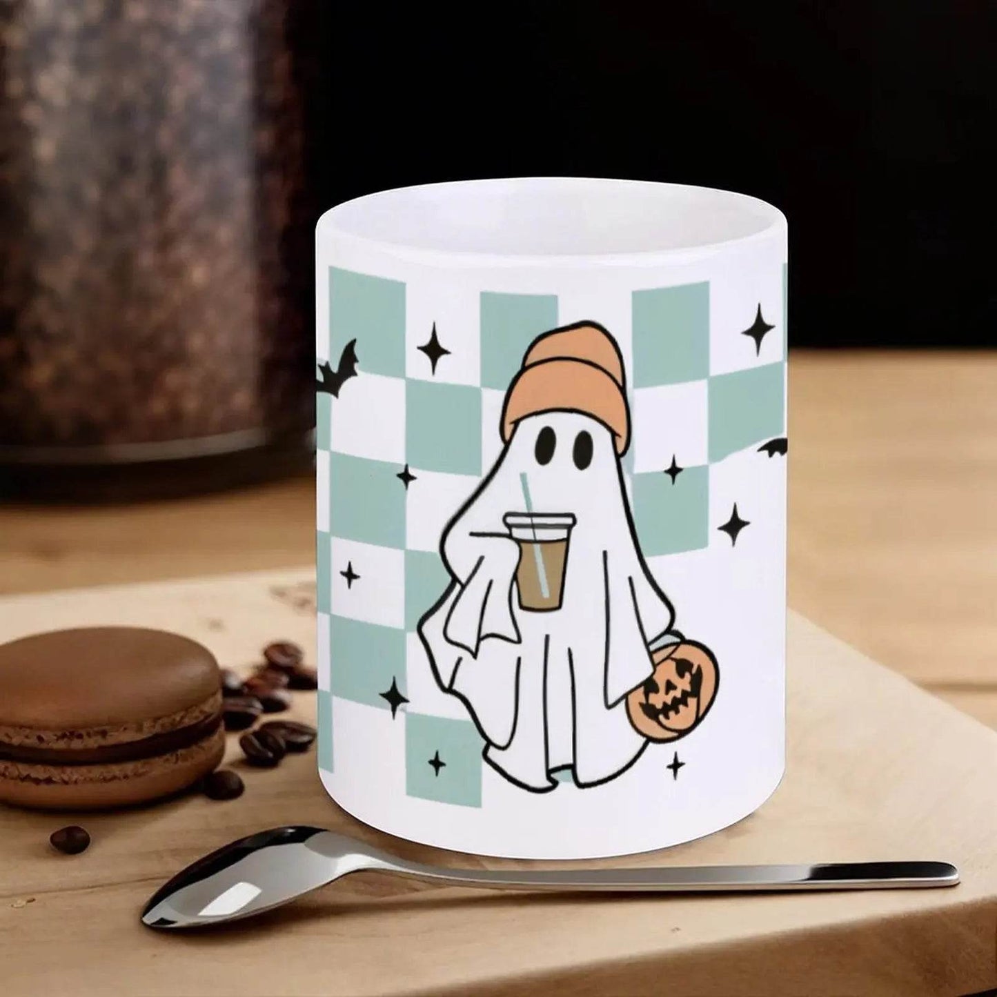 A Cartoon Ghost Holding A Cup Of Coffee And A Pumpkin Cute Mugs, 330ml - Loft&Timber
