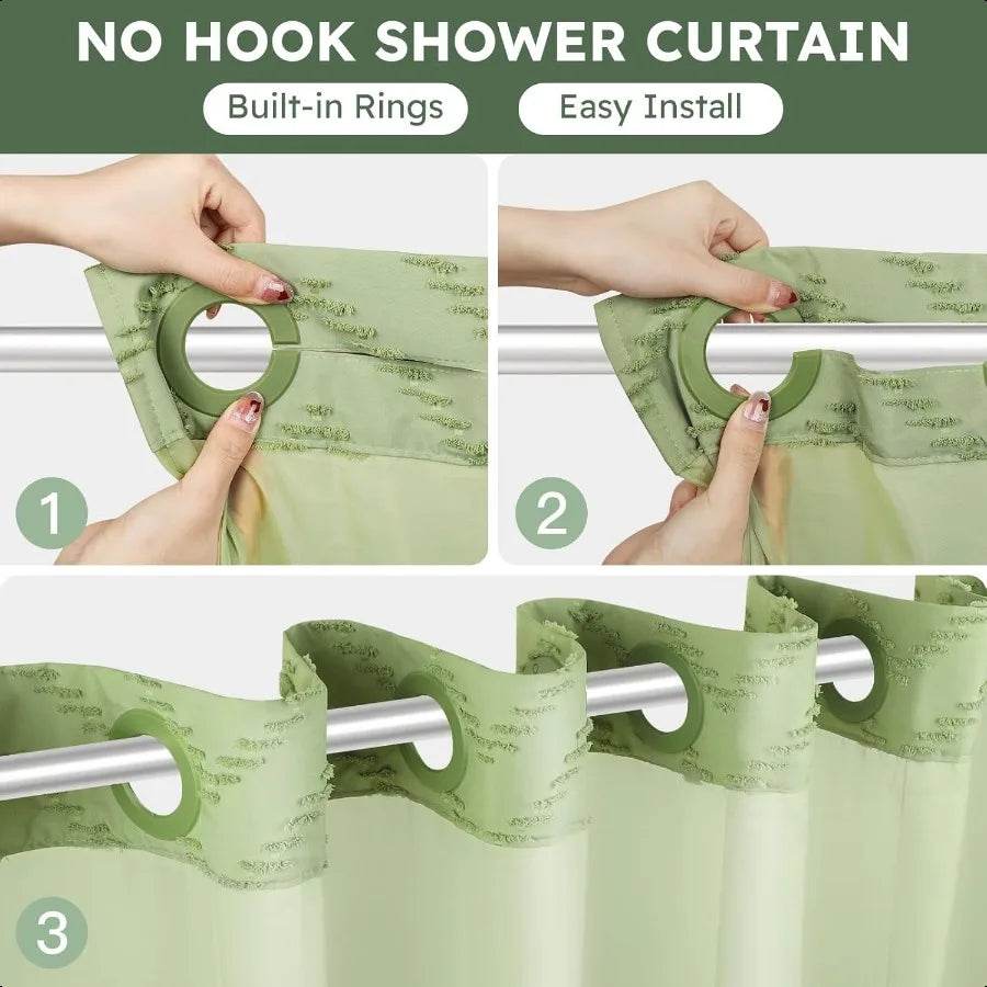 No Hook Shower Curtain and Snap in Liner Set Sage Green Tufted Chevron