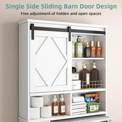 farmhouse style toilet storage cabinet with sliding barn door and integrated toilet paper stand organizer - Loft&Timber