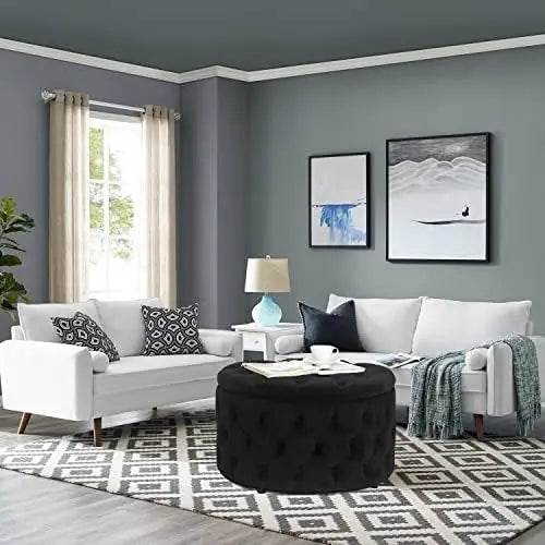 Round Storage Ottoman, Button Tufted, Black