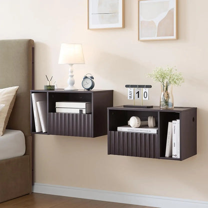 Floating Nightstand with Charging Station - Modern Rustic Brown Fluted Bedside Table with Drawer, USB Ports & Outlets (Set of 2)
