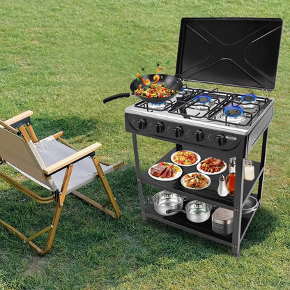 5-Burner Gas Stove Outdoor Camping Cooking BBQ Grill With 2-Tier Storage Rack
