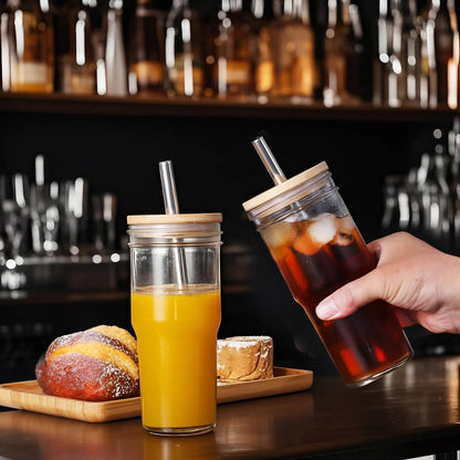 2pcs 24oz Reusable Iced Coffee Cups, Wide Mouth Glass with Bamboo Lid and Straw, Mason Jar - Loft&Timber
