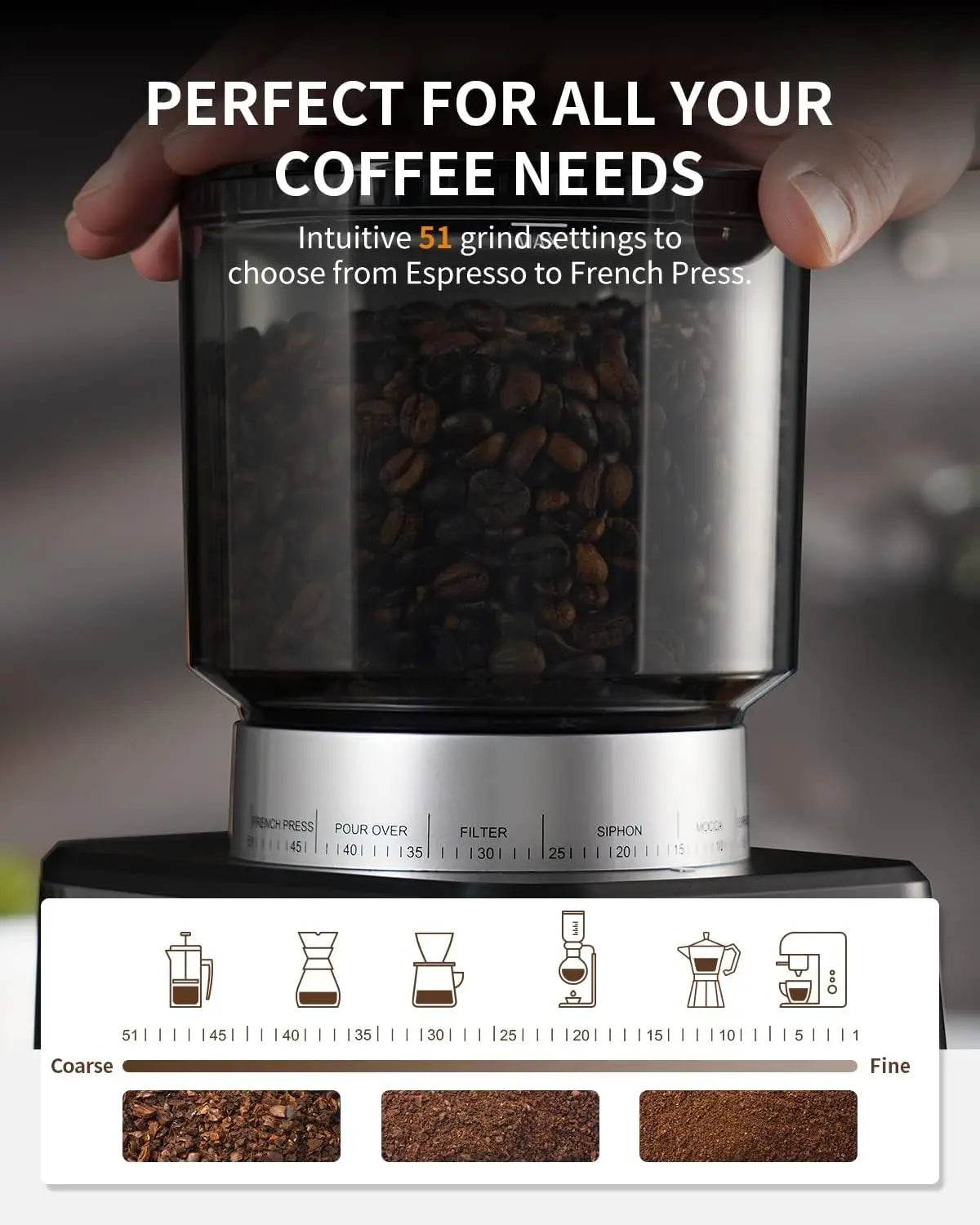 Conical Burr Espresso Coffee Grinder Electric with Precision Timer 2.0,Touchscreen Adjustable Burr Mill with 51 Precise Settings - Loft&Timber