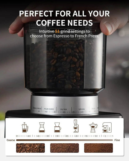 Conical Burr Espresso Coffee Grinder Electric with Precision Timer 2.0,Touchscreen Adjustable Burr Mill with 51 Precise Settings - Loft&Timber