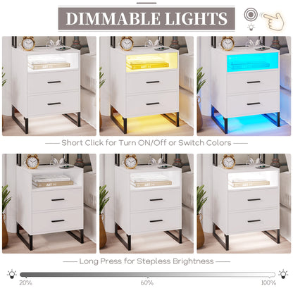 JDPAG  Auto LED Nightstand with Wireless Charging Station & USB Ports,High Gloss Bedside Tables with 2 Drawers