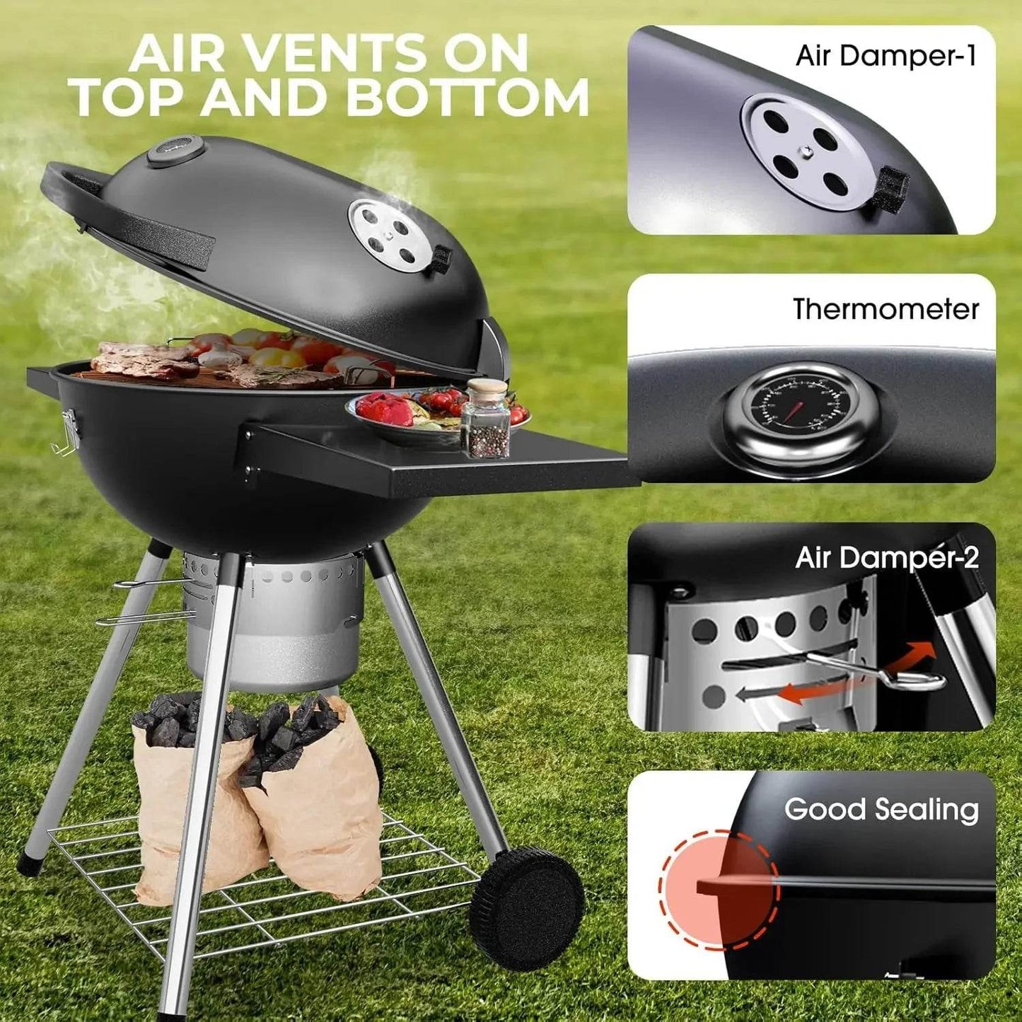 22 Inch Charcoal Grill with 2 Foldable Side Tables,Charcoal Kettle Grills with Wheels,Outdoor bbq Grill,Portable Charcoal Grill - Loft&Timber