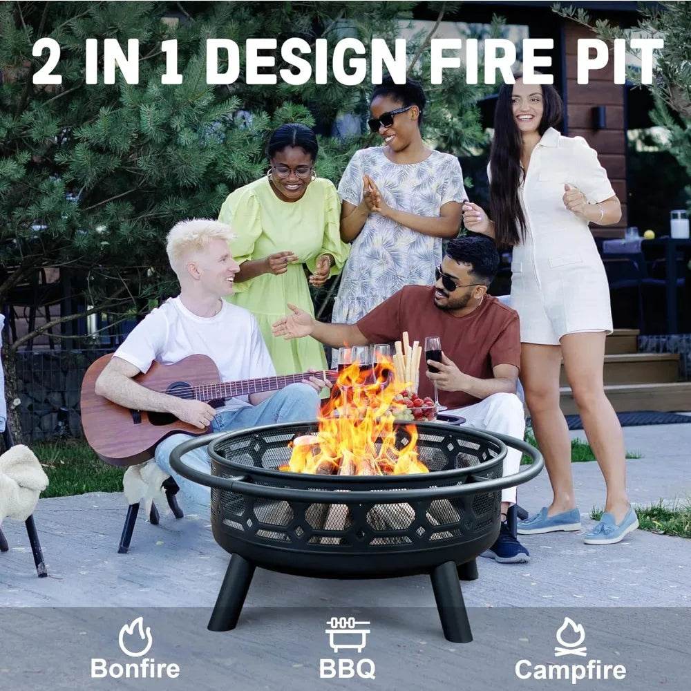 Outdoor Wood Burning Firepit with Removable Grill & Poker, Heavy Duty Metal Round Fireplace,2 in 1 Large Round Fireplace - Loft&Timber