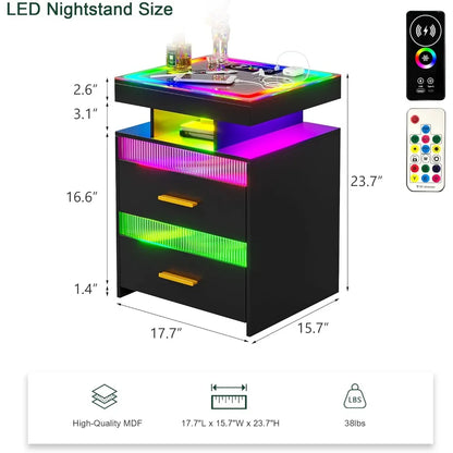RGB LED Night Stand with Wireless Charging Station, Modern Bedside Table with Human Body Sensor Light, Smart Nightstand with Gl