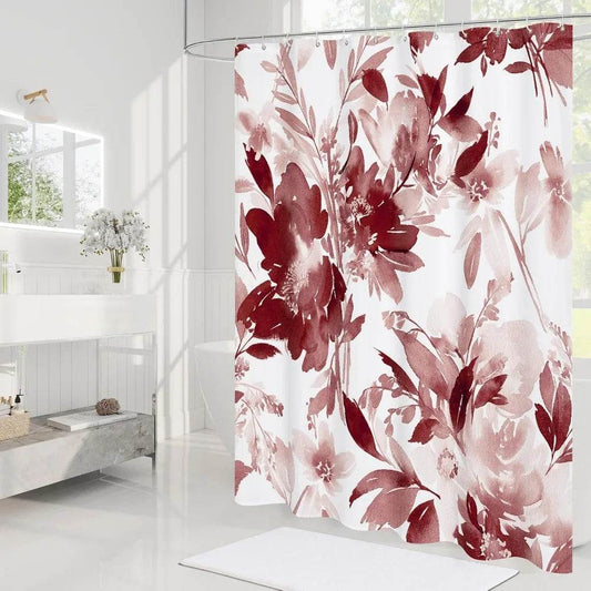 burgundy watercolor floral shower curtain, red plant leaves with flower