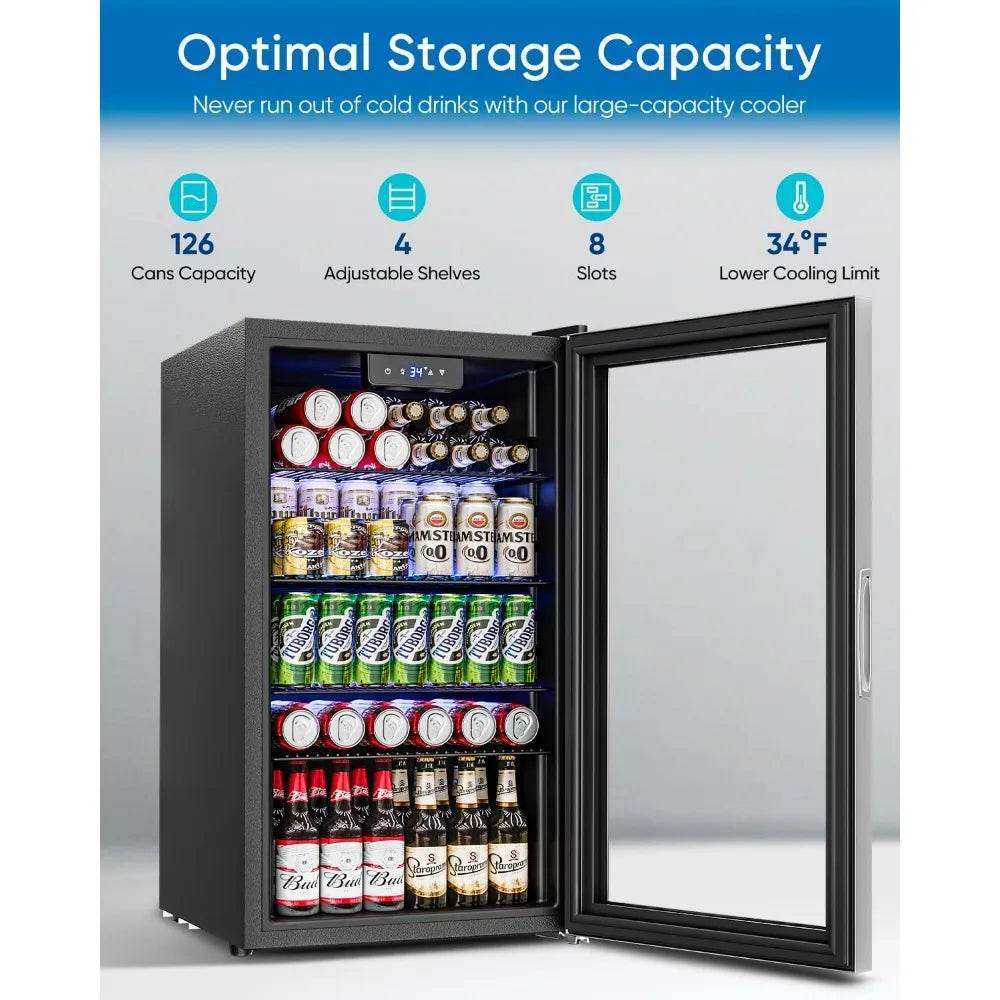 Beverage Refrigerator Cooler - 126 Can Mini Fridge Glass Door - Loft&Timber