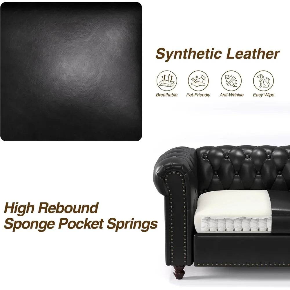 72 Inch Black Sofa, Chesterfield Faux Leather Couch with Wooden Legs - Loft&Timber
