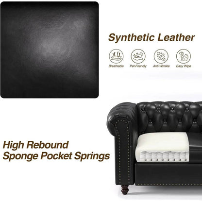72 Inch Black Sofa, Chesterfield Faux Leather Couch with Wooden Legs - Loft&Timber