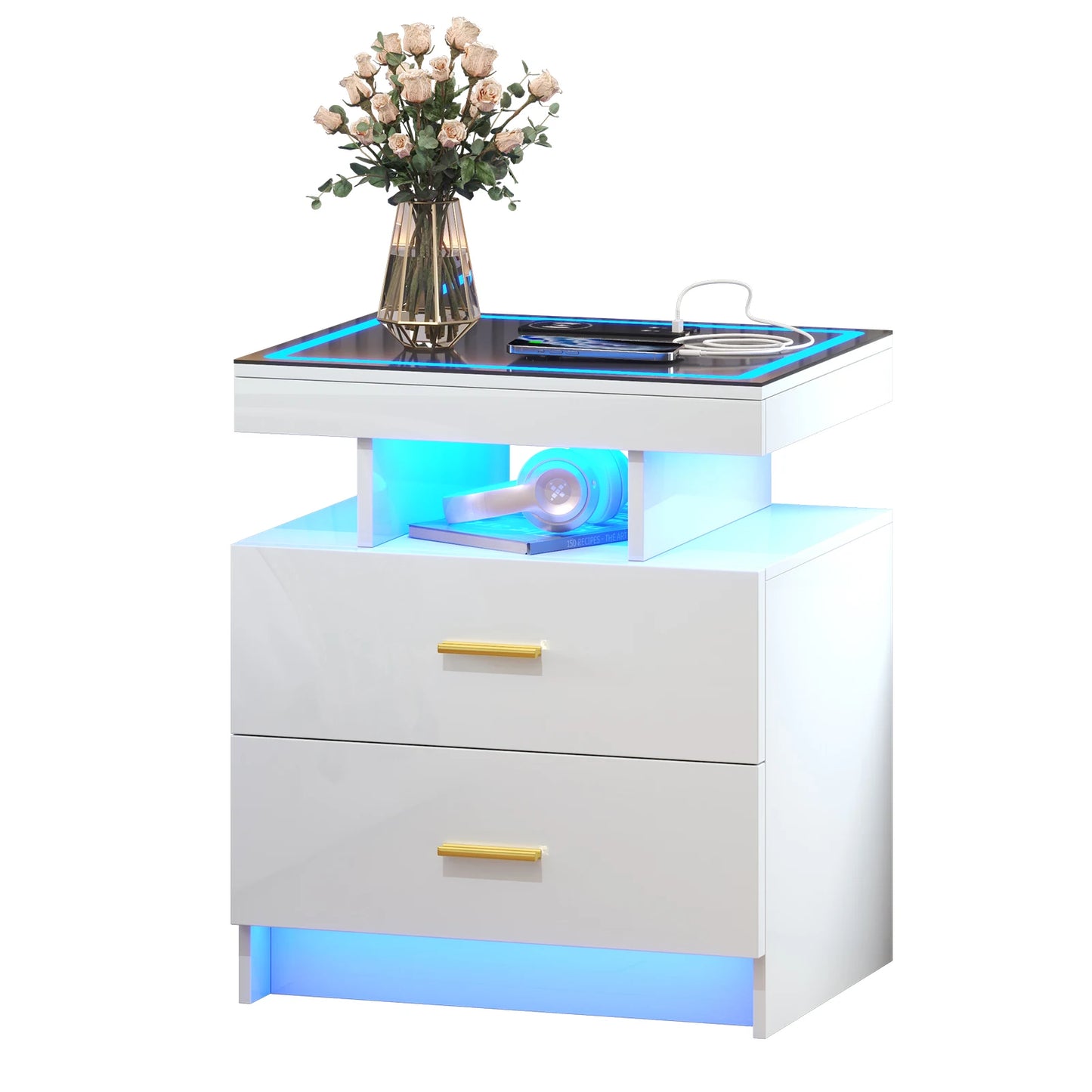 JDPAG LED Nightstand with Wireless Charging Station,Black Night Stand with 2 Drawers,Glass Top Smart Bedside Table