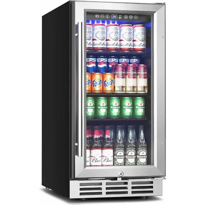 15 Inch Beverage Refrigerator Under Counter - 126 Cans Beverage Fridge with Glass Door for Beer Wine Soda - Built-in