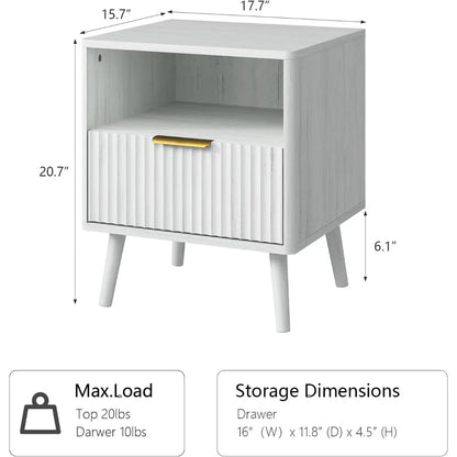 Fluted Nightstand with Drawers, 16'' Wide Wood End Table for Bedroom, Small Space Bedside Table, Modern Night Stand for Living
