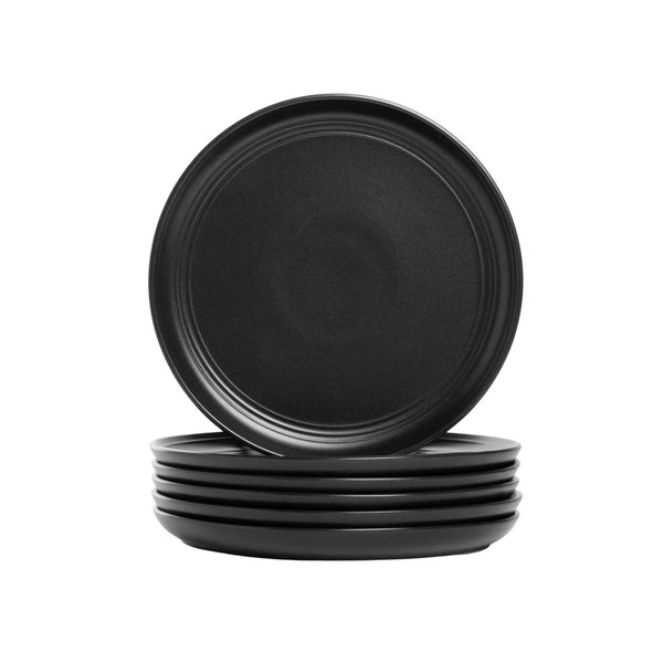 Set of 6 Matte Black Round Stoneware Salad Plates