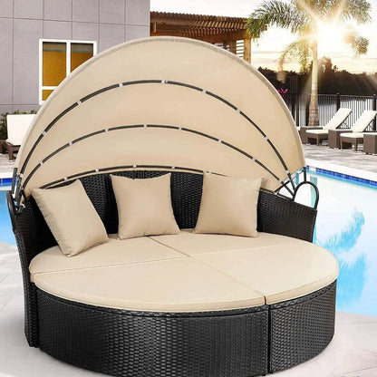 Patio Outdoor Daybed with Retractable Canopy Rattan Wicker Seating - Loft&Timber