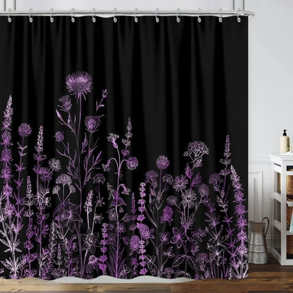 Vintage Black and Purple Boho Shower Curtain with Dark Wildflower Botanical Flowers 72X72"